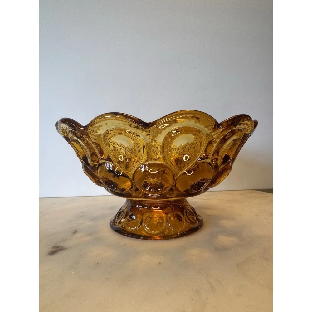 LE Smith Amber Glass Moon & Stars Pedestal / Bowl ~ Brass Arch Holder Stand